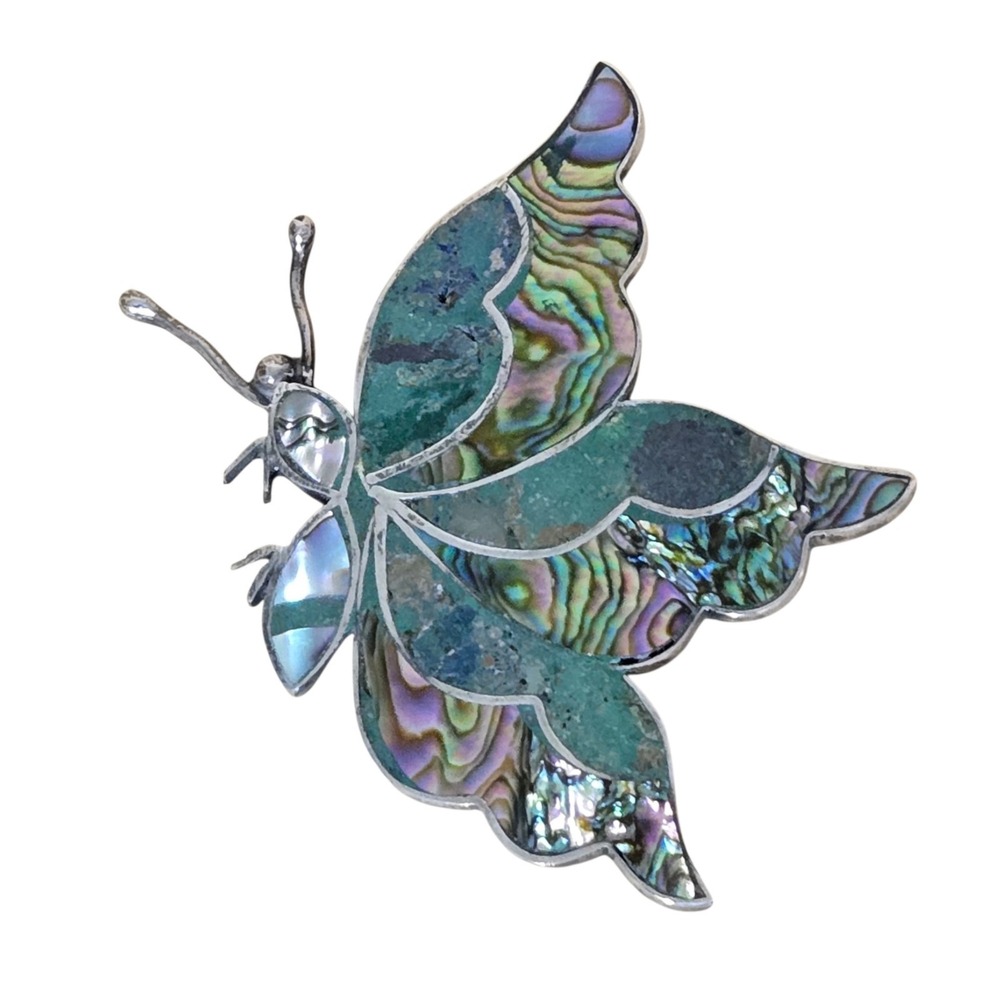Vintage BETO Taxco Sterling Silver Inlay Abalone Butterfly Brooch Pin 18.6g